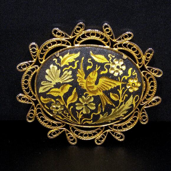 Vintage Spanish Damascene Brooch, Gold Inlay Bird Flower Pin, Filigree Frame - Picture 1 of 10